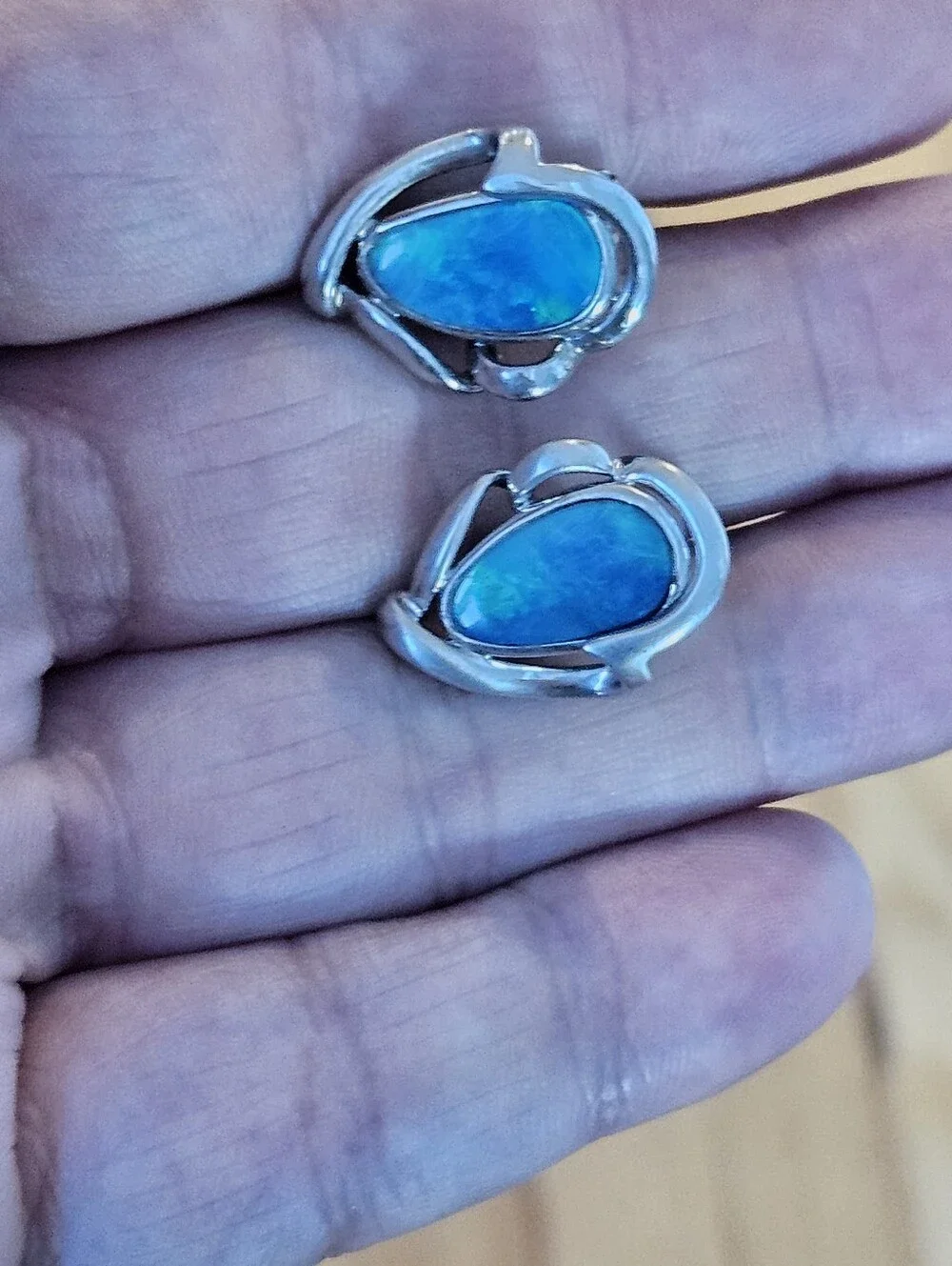 Designer Australian Black Opal Teardrop Sterling Silver Omega Back Earrings 1